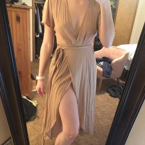 Tan wrap hi-low dress